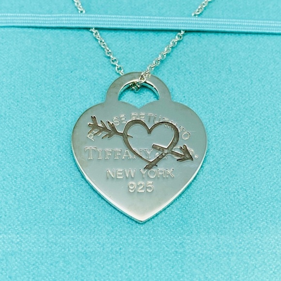 NEW Tiffany & Co. Etched RTT Heart Pendant Necklace 28-30” mixed chain 925 - Picture 4 of 10